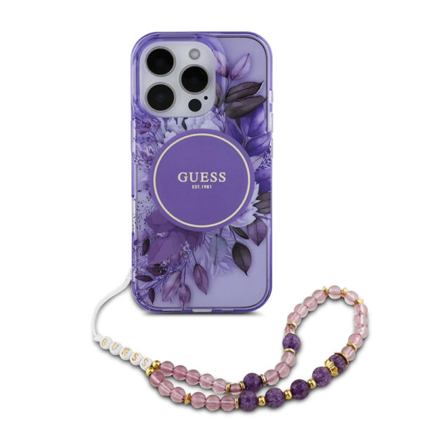 Guess - IML Flowers with Pearl Strap MagSafe (GUHMP16LHFWBRCESU) - iPhone 16 Pro - Purple