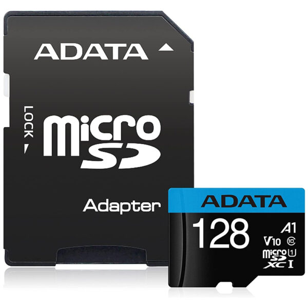 Adata - Memory Card (AUSDX128GUICL10A1-RA1) - MicroSDXC, Adapter, Class 10, UHS-I U1, 128GB, Read 100MB/s  - Black